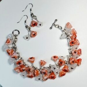 Bracelet 7" Beaded Charm Earrings Set Handmade Orange Czech Glass Flower Dangle